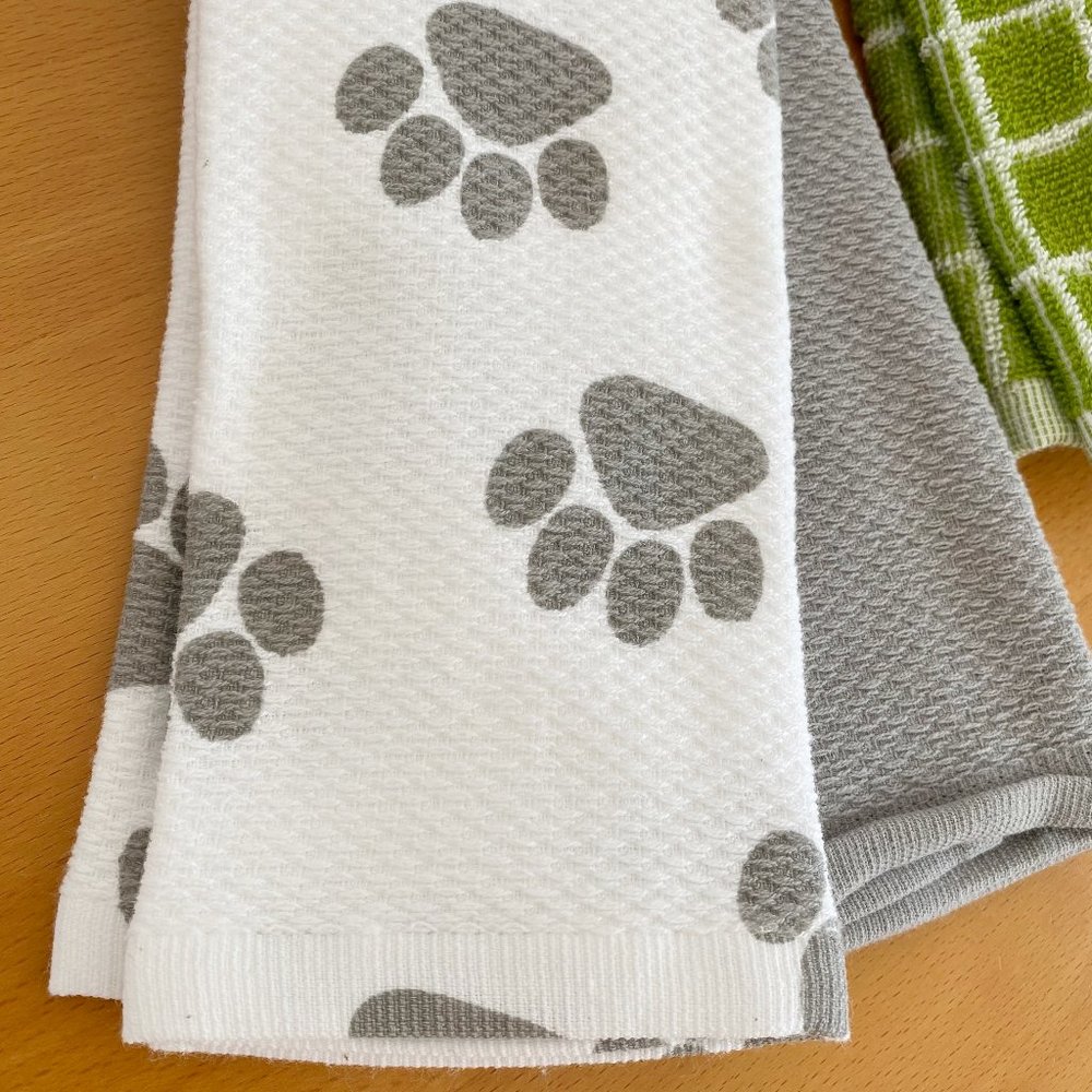 Kitchen Hand Towels, 100% Cotton, Dog paw / Home wording, White Green Gray - Picture 3 of 3